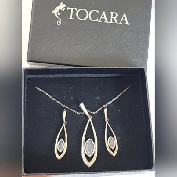 Vintage Tocara Montreal Sterling Silver Blue Crystal Drop Earrings Necklace - Picture 3 of 13